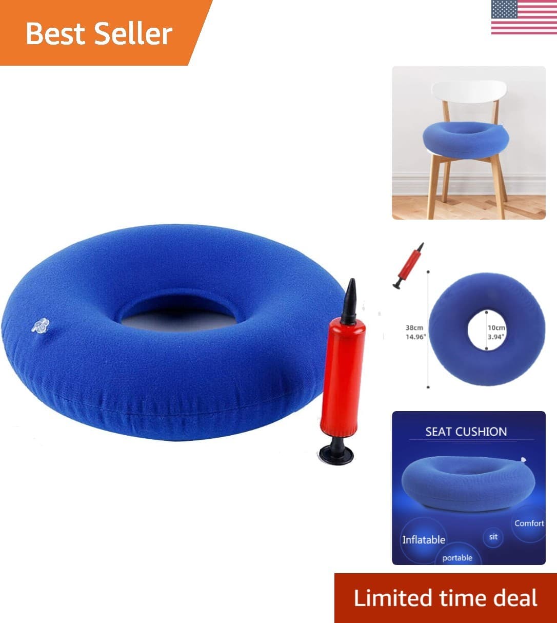 Doughnut-Shaped Inflatable Seat Cushion for Long-Term Comfort & Pressure Relief