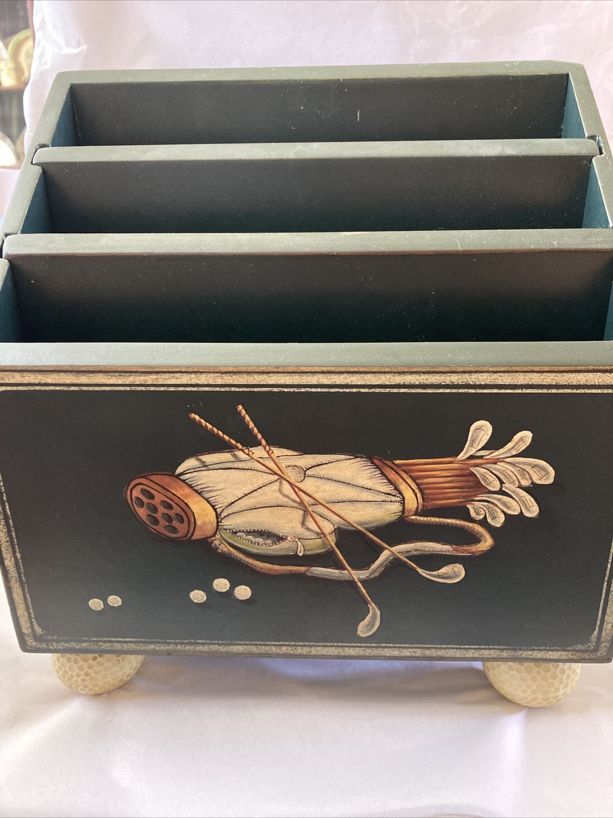 Vintage (?) Golf Theme Desk Caddy Organizer Green, Gold Ball Feet! Unique Gift
