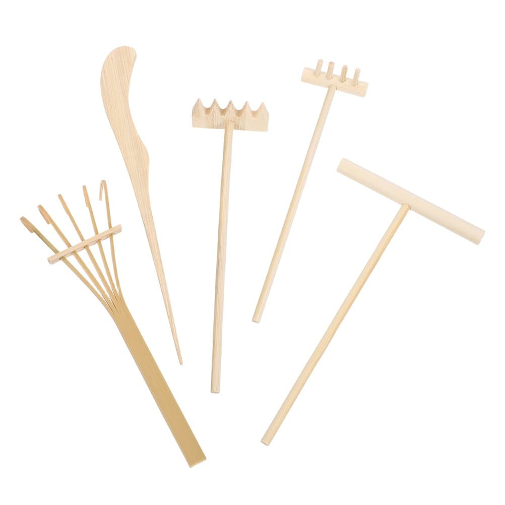 5Pcs Mini Japanese Bamboo Garden Rakes Reusable Khaki Zen Decor