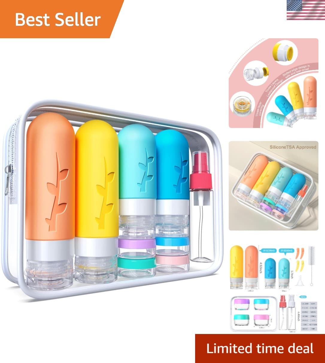 Luxury 18 Pack Refillable Travel Toiletry Bottles with Accessories - Pink